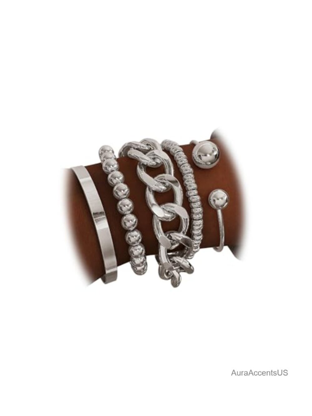 Silver Chunky Chain Stackable Bracelet Set, 5pc Link Bracelets